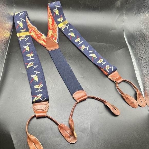 US Navy Other - Navy Blue Ribbon Suspenders Embroidered Martini Glasses Brown Leather Closures
